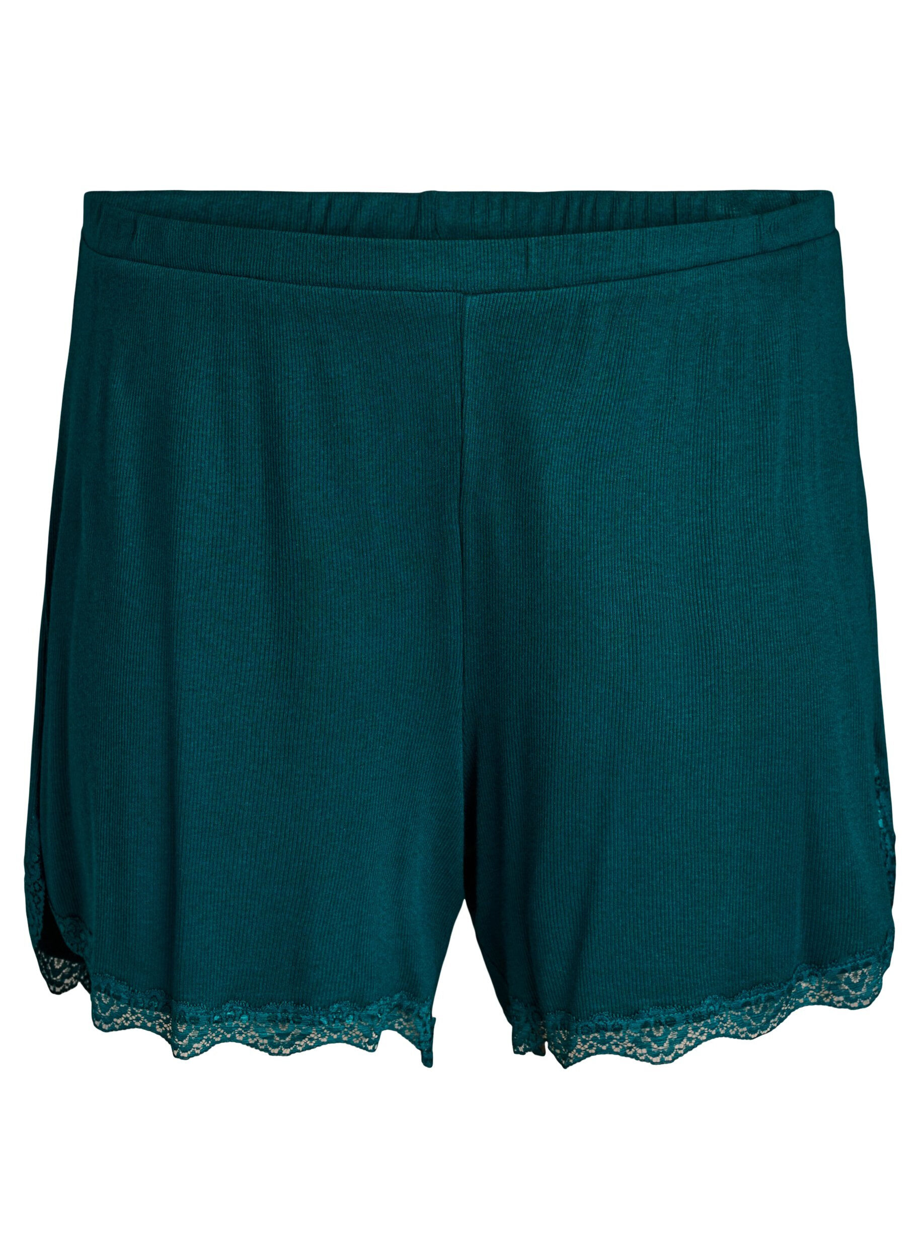 Zizzi Lockere Nachtshorts aus geripptem Material mit Spitzensaum, Gr&uuml;n, Packshot image number 0