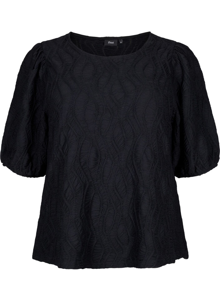 Strukturierte Bluse mit kurzen Ärmeln, Black, Packshot image number 0