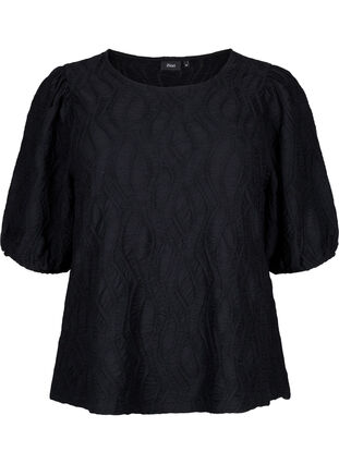 Strukturierte Bluse mit kurzen Ärmeln, Black, Packshot image number 0