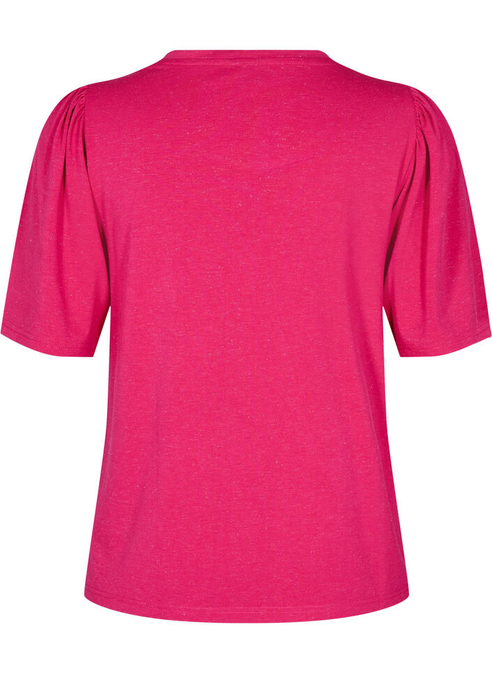 T-Shirt mit Glitzer und kurzen Puffärmeln, Pink, Packshot image number 1