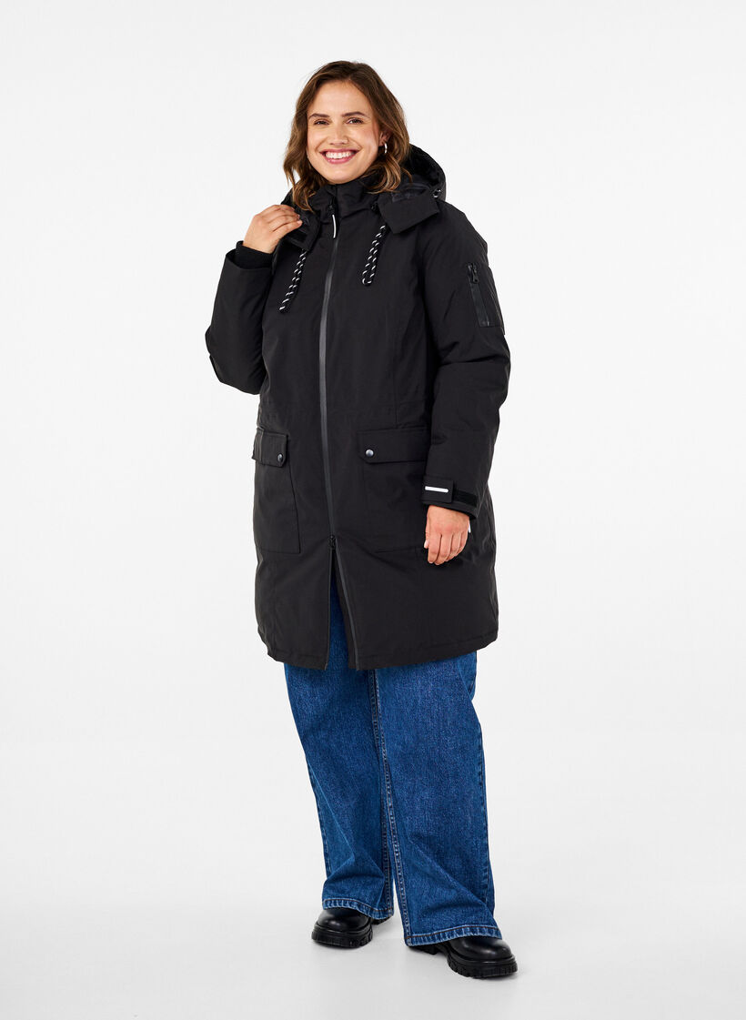 Praktische Winterjacke mit Kapuze und Taschen, Schwarz, Model image number 1