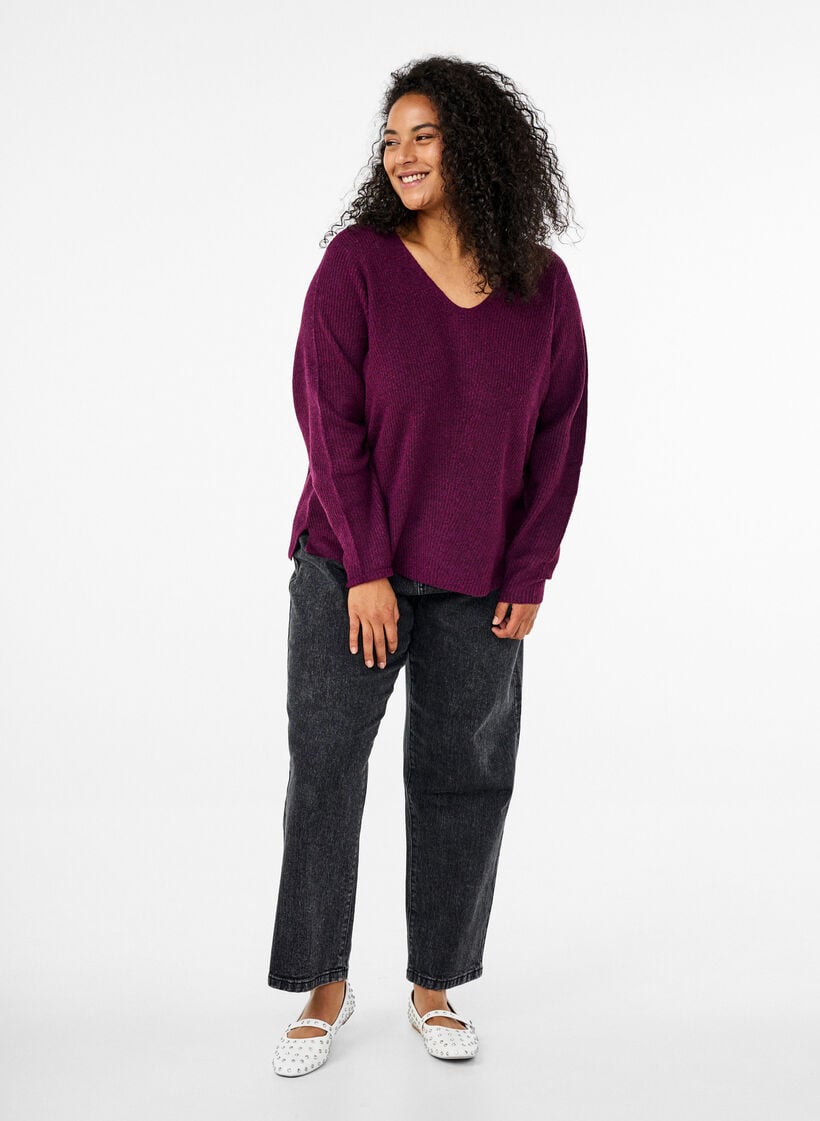 Strickbluse mit V-Ausschnitt und langen Ärmeln, Potent P. Black Mel., Model image number 2