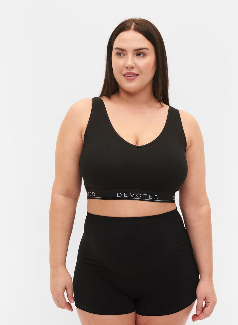 Baumwoll-BH mit V-Ausschnitt und Textdruck, Schwarz, Model image number 1