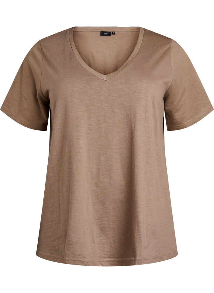 Kurz&auml;rmeliges Basic T-Shirt mit V-Ausschnitt, Braun, Packshot image number 0