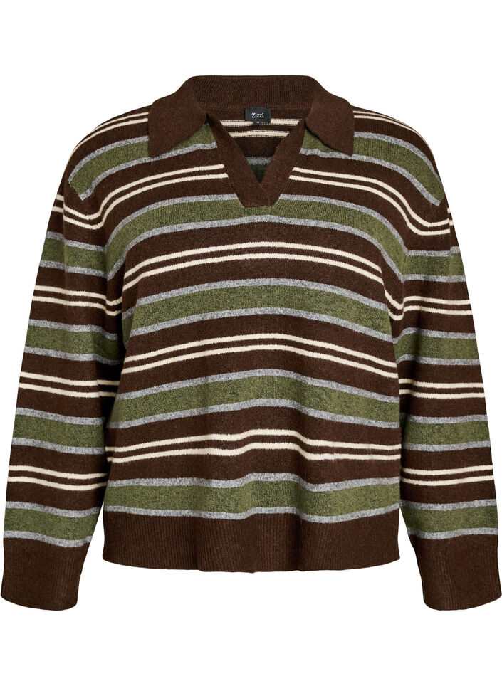Strickbluse mit Streifen und Polokragen, Braun, Packshot image number 0