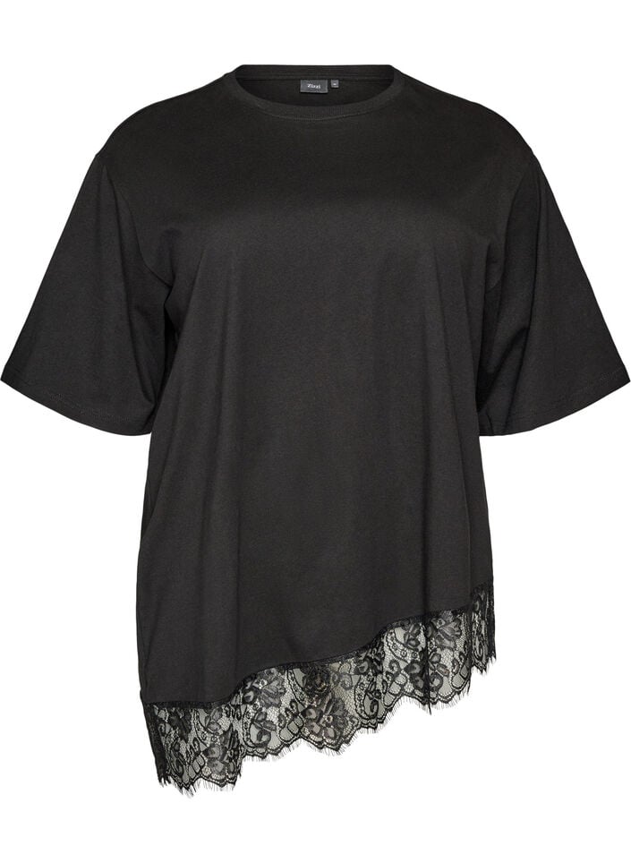 T-Shirt mit asymmetrischem Spitzensaum, Schwarz, Packshot image number 0