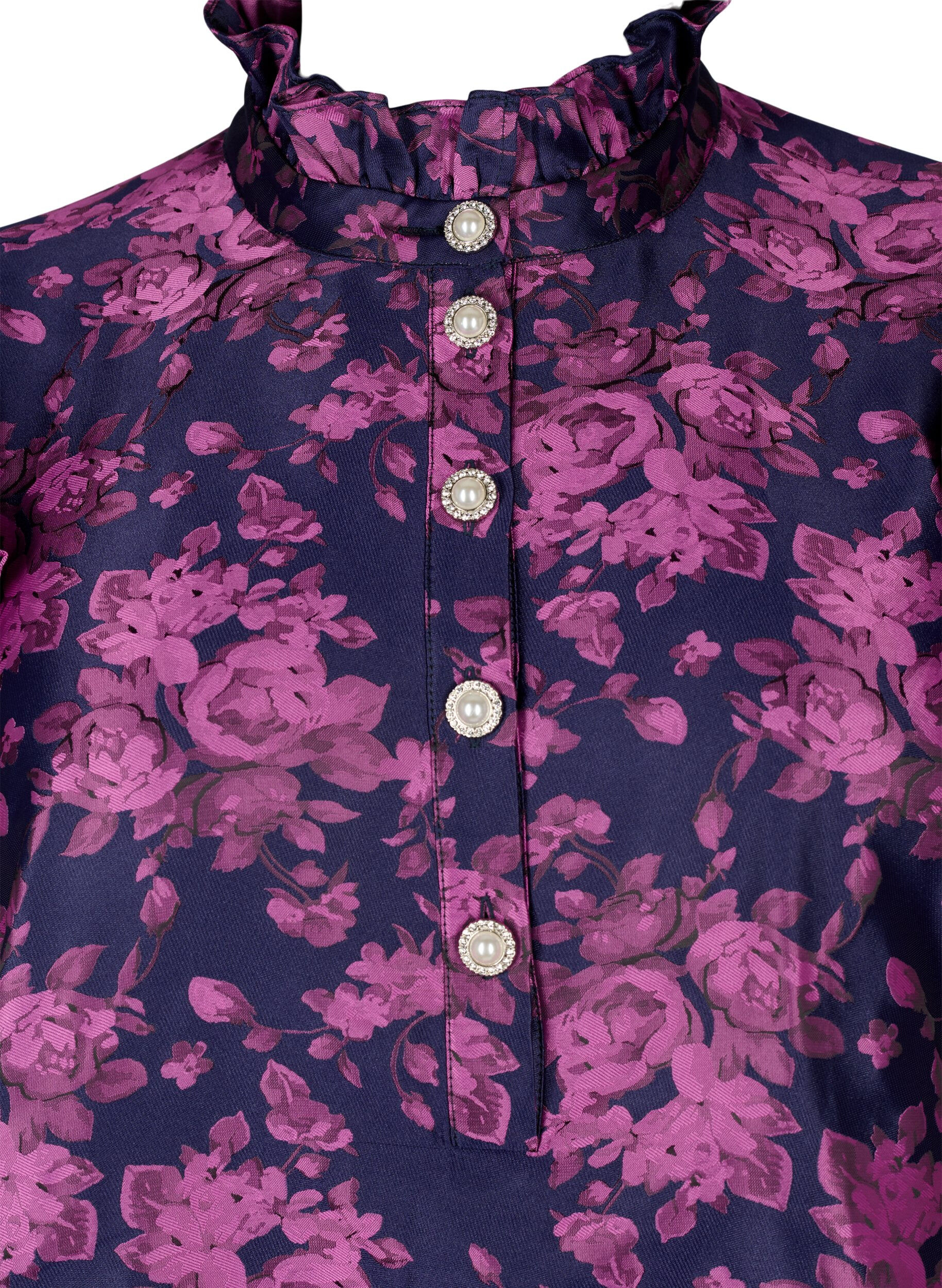 Zizzi Kleid mit R&uuml;schendetail und Perlenkn&ouml;pfen, Dark Blue Pink, Packshot image number 2