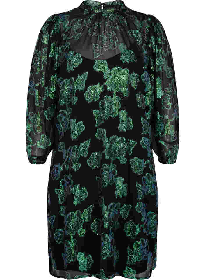 Blumiges Viskose-Kleid mit Lurexstruktur, Black w. Green Lurex, Packshot image number 0