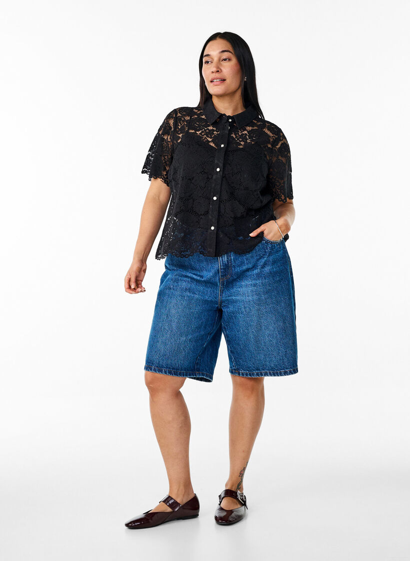 Spitzen blusenshirt mit perlenkn&ouml;pfen, Schwarz, Model image number 1