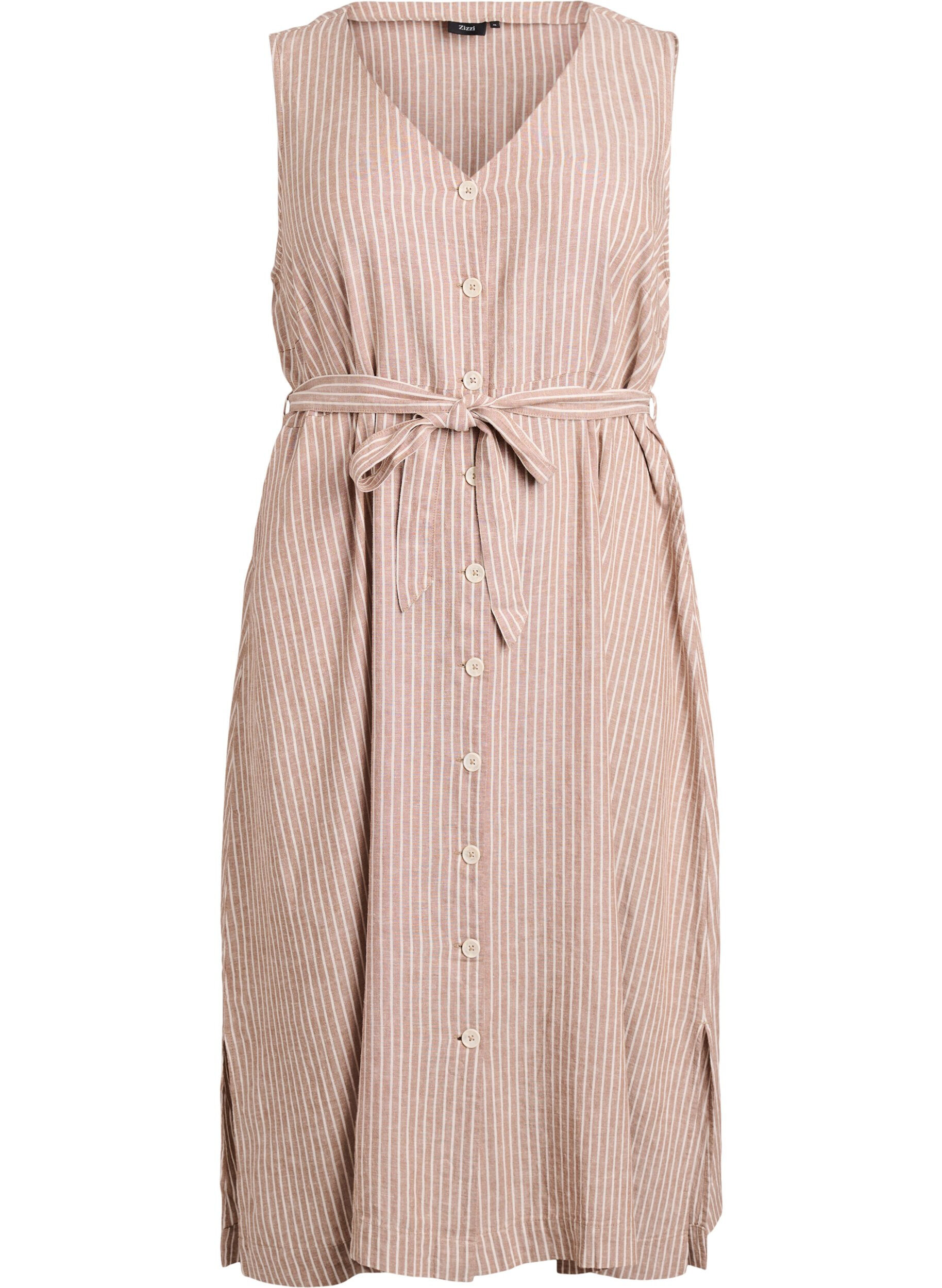 Zizzi&Auml;rmelloses gestreiftes Midikleid aus Leinen und Viskose, Beige, Packshot image number 0