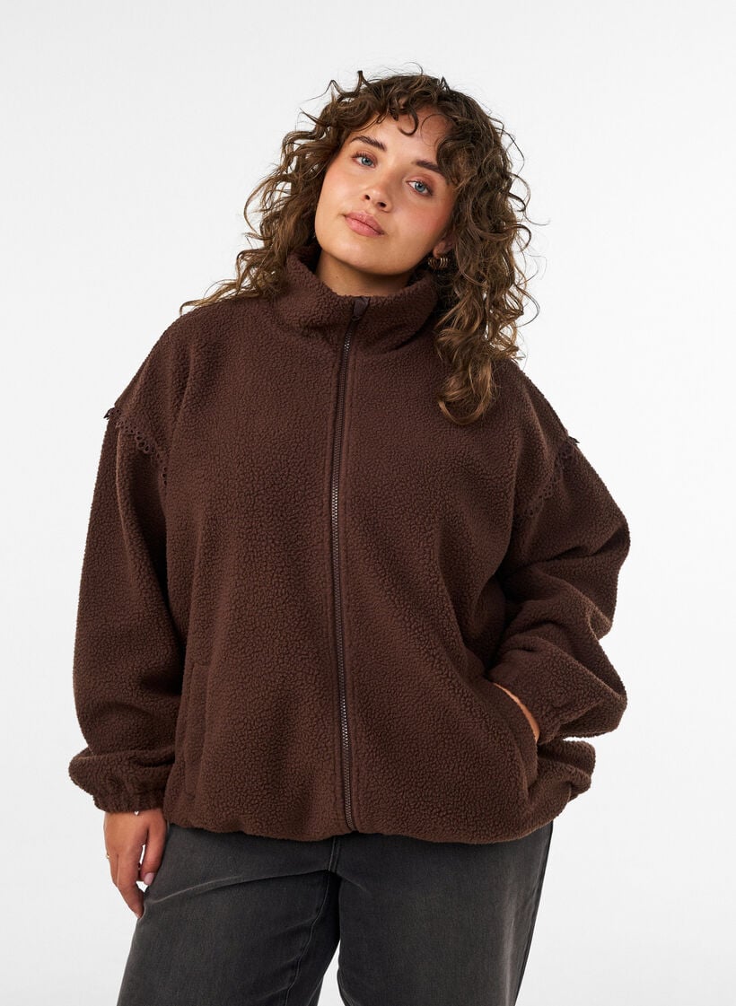 Teddyjacke mit Details aus Lochstickerei und hohem Kragen, Braun, Model image number 0