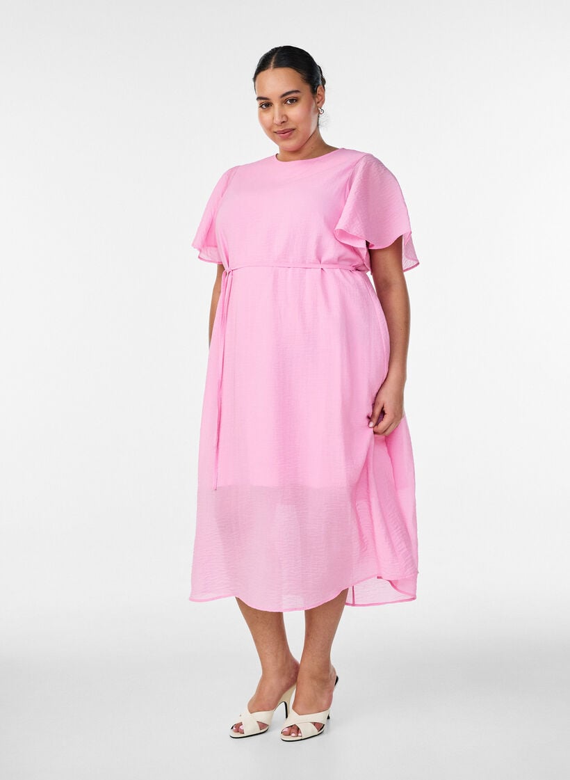 Kn&ouml;chellanges Kleid mit Fl&uuml;gel&auml;rmeln und Bindeg&uuml;rtel, Pink, Model image number 0