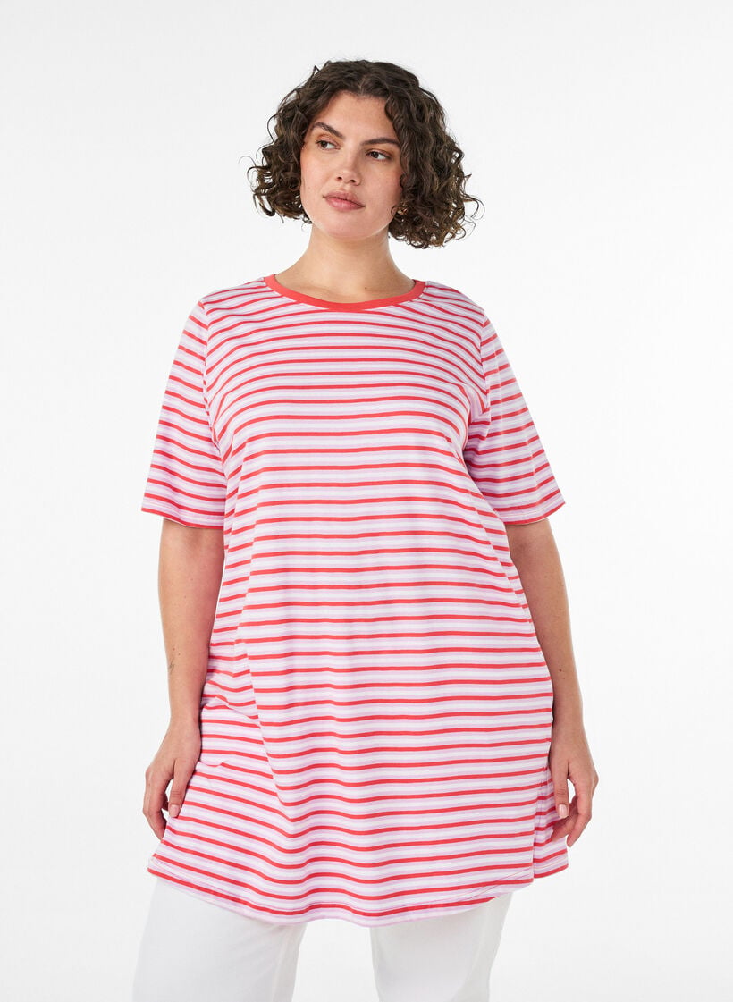 Langes oversized T-Shirt aus Bio-Baumwolle mit Streifen, Lila, Model image number 0