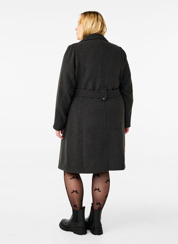 Langer Wollmantel mit Gürtel - Grau - Gr. M - Zizzi
