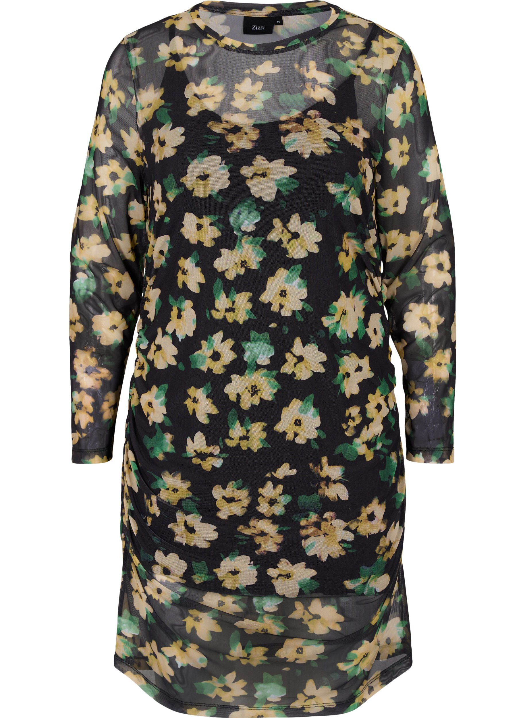 Zizzi Eng anliegendes Netzkleid mit 3/4-&Auml;rmeln, Yellow Green AOP, Packshot image number 0