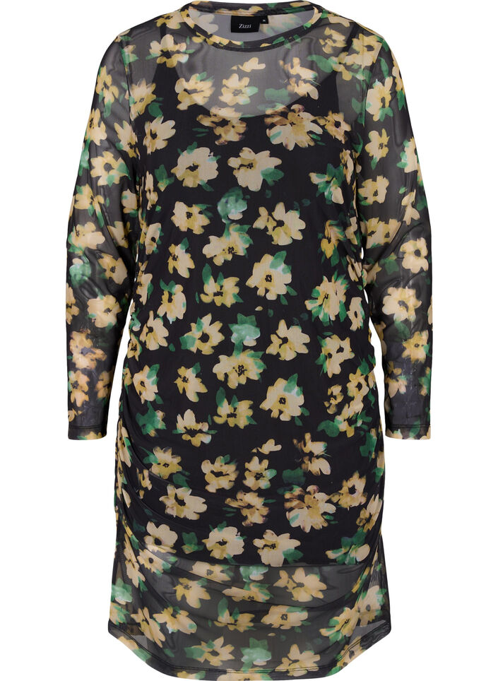 Eng anliegendes Netzkleid mit 3/4-&Auml;rmeln, Yellow Green AOP, Packshot image number 0