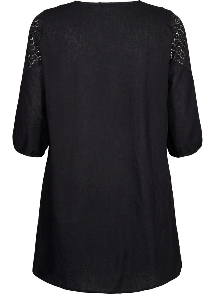 Kleid aus einer Baumwollmischung mit Leinen und Häkeldetails, Black, Packshot image number 1