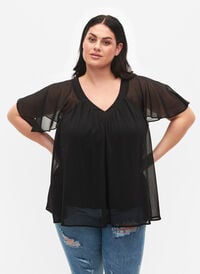 Einfarbige Bluse mit Fledermausärmeln und V-Ausschnitt, Black, Model