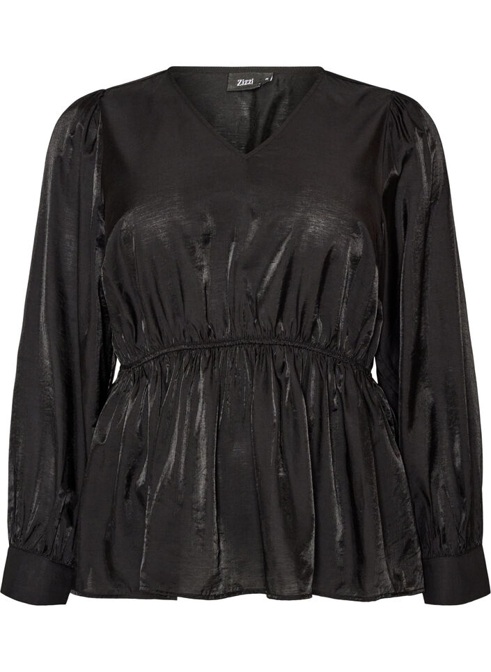 Gl&auml;nzende Bluse aus Viskose mit Peplum-Effekt, Schwarz, Packshot image number 0