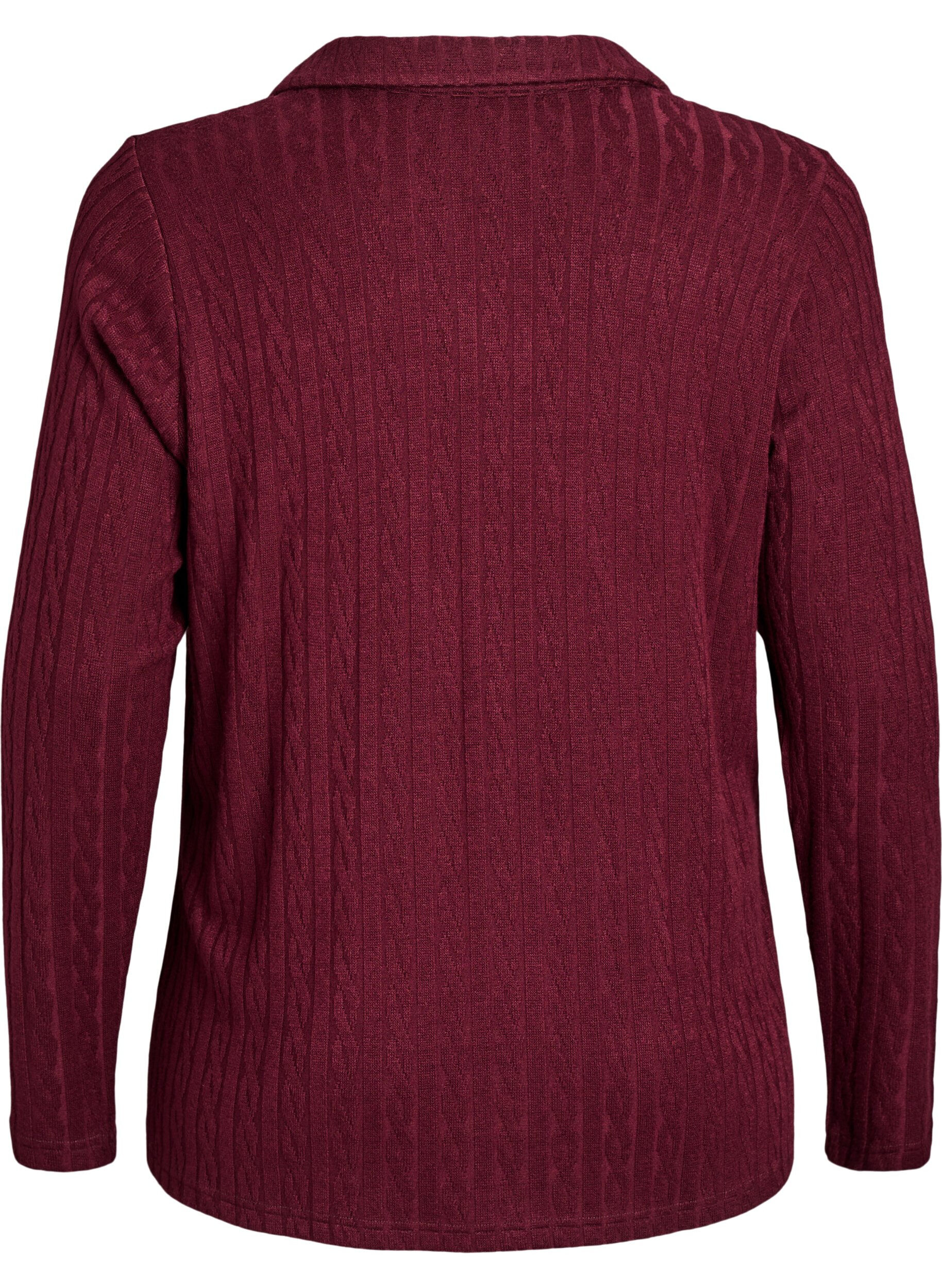 Zizzi Strickbluse mit Kragen und Zopfmuster, Dunkles Bordeaux, Packshot image number 1
