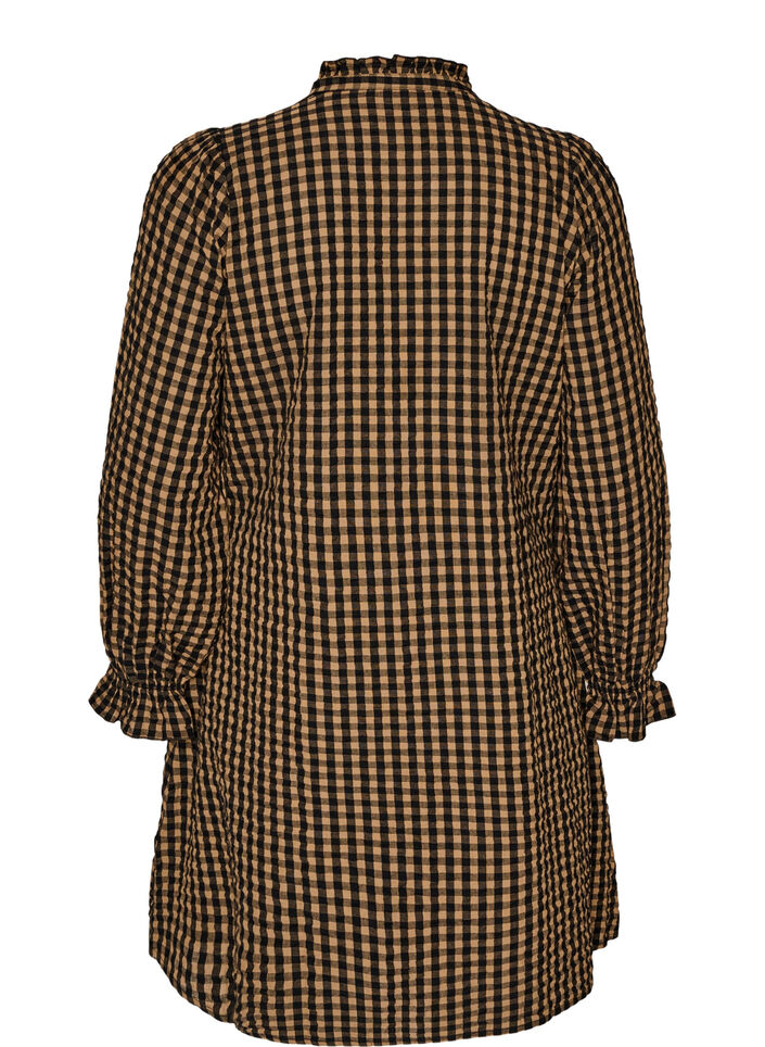 Kariertes Kleid aus Baumwolle mit R&uuml;schendetails, Braun, Packshot image number 1
