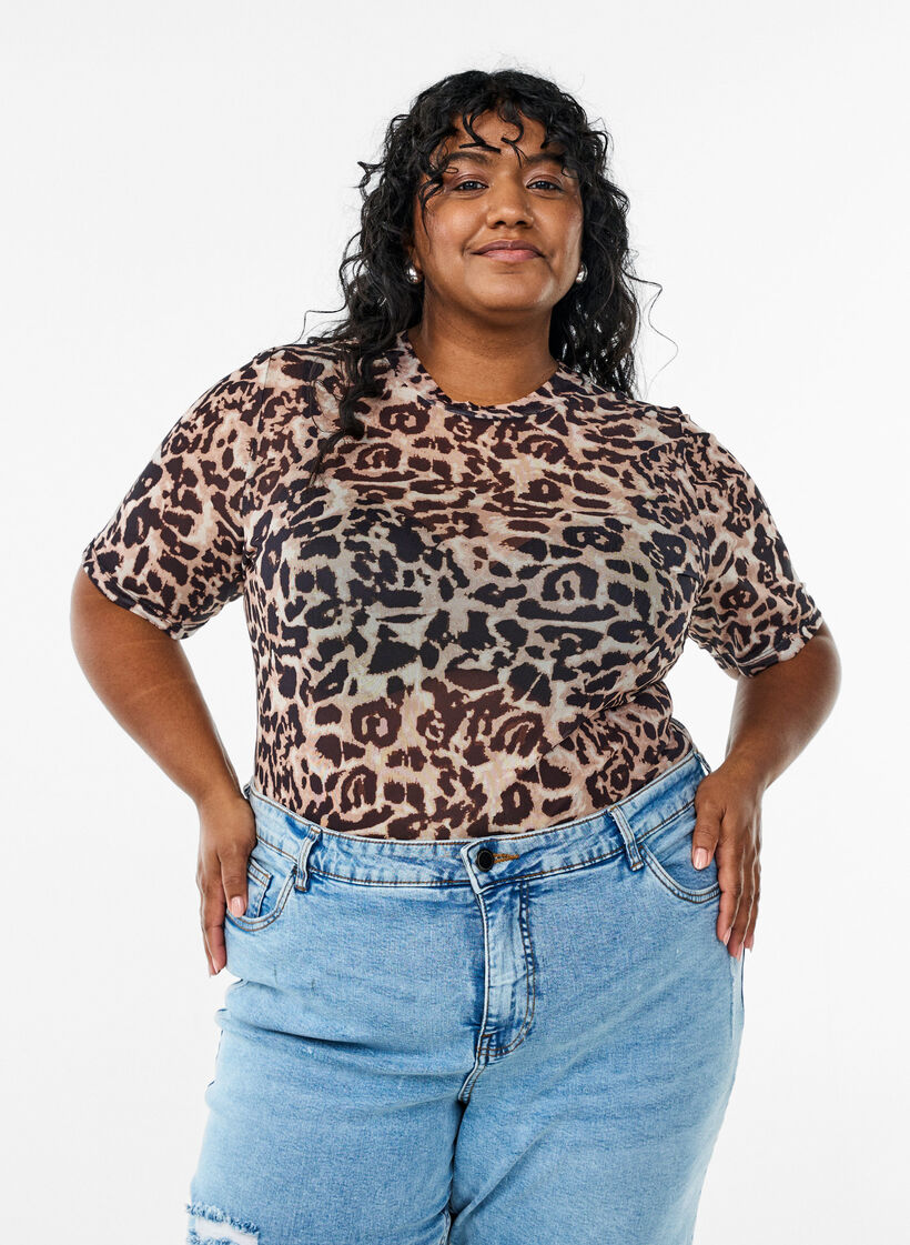 Bluse aus Mesh, mit kurzen Ärmeln, Braun, Model image number 0