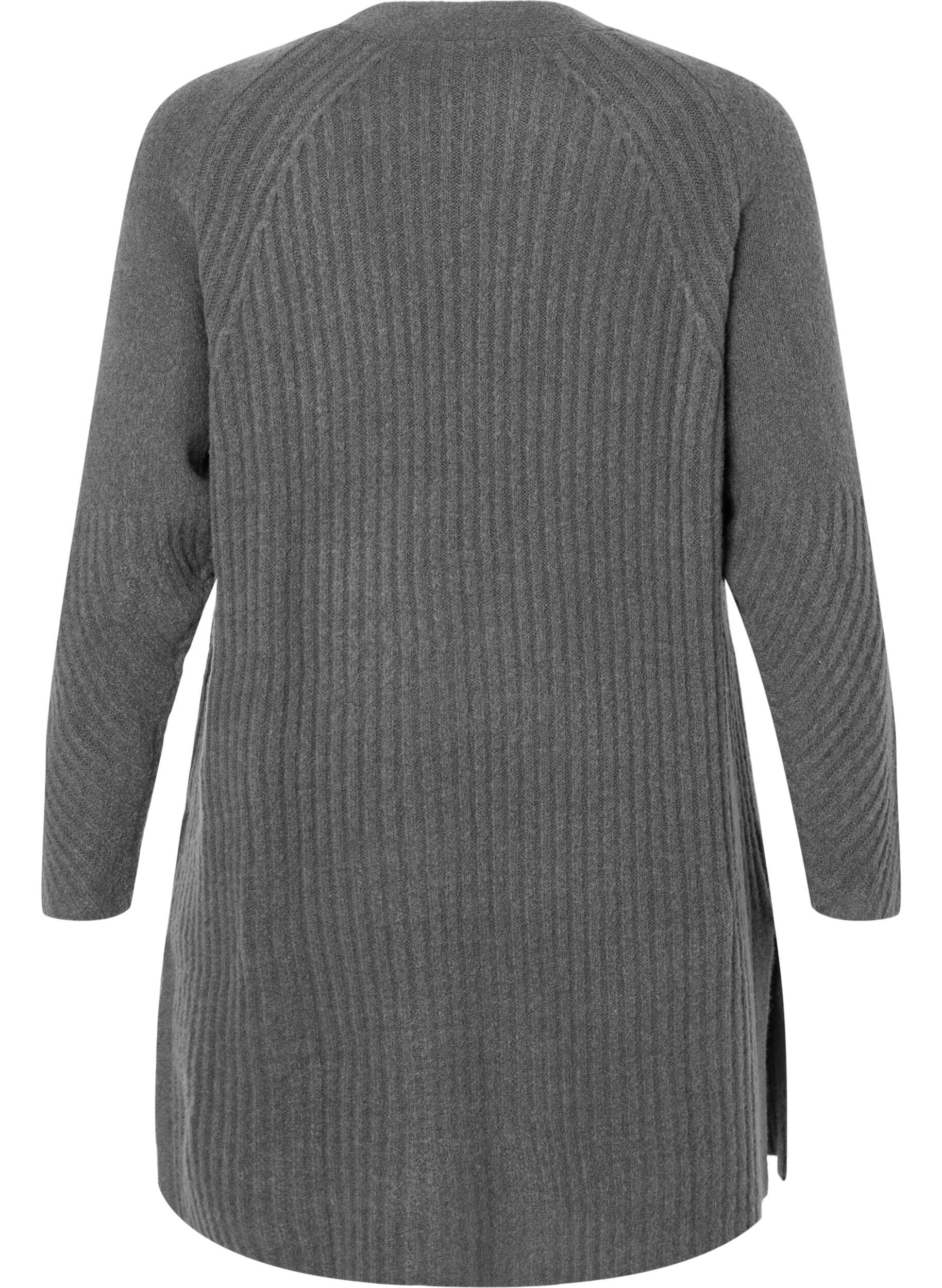 Zizzi Lange Strickjacke aus Rippenstrick, Dark Grey Melange, Packshot image number 1