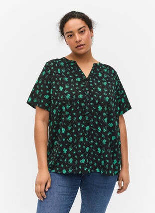 Bluse mit kurzen Ärmeln und V-Ausschnitt, Green Flower AOP, Model image number 0