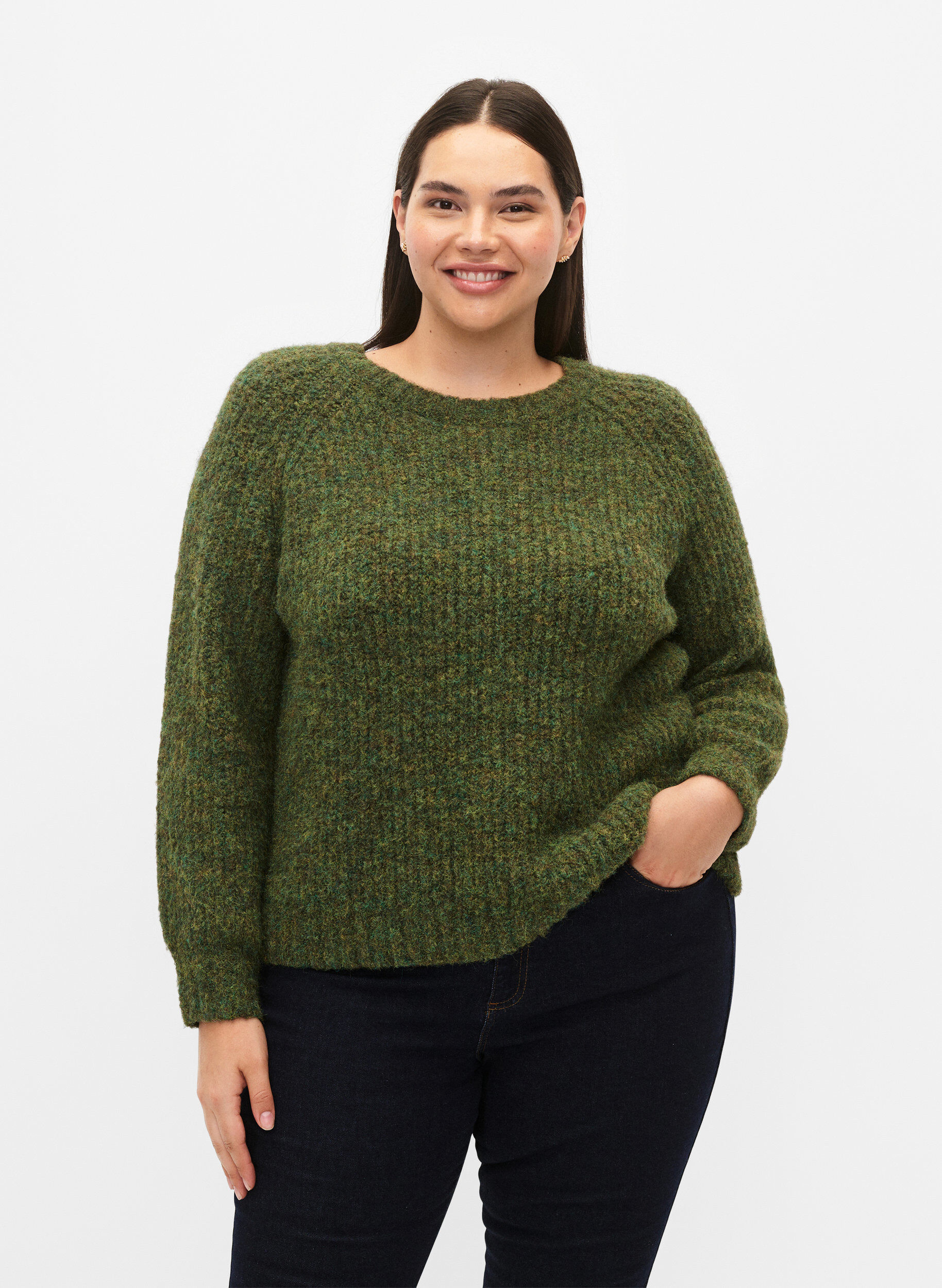 Zizzi Gestrickter Pullover mit Wolle und Raglan&auml;rmeln, Winter Moss, Model image number 0