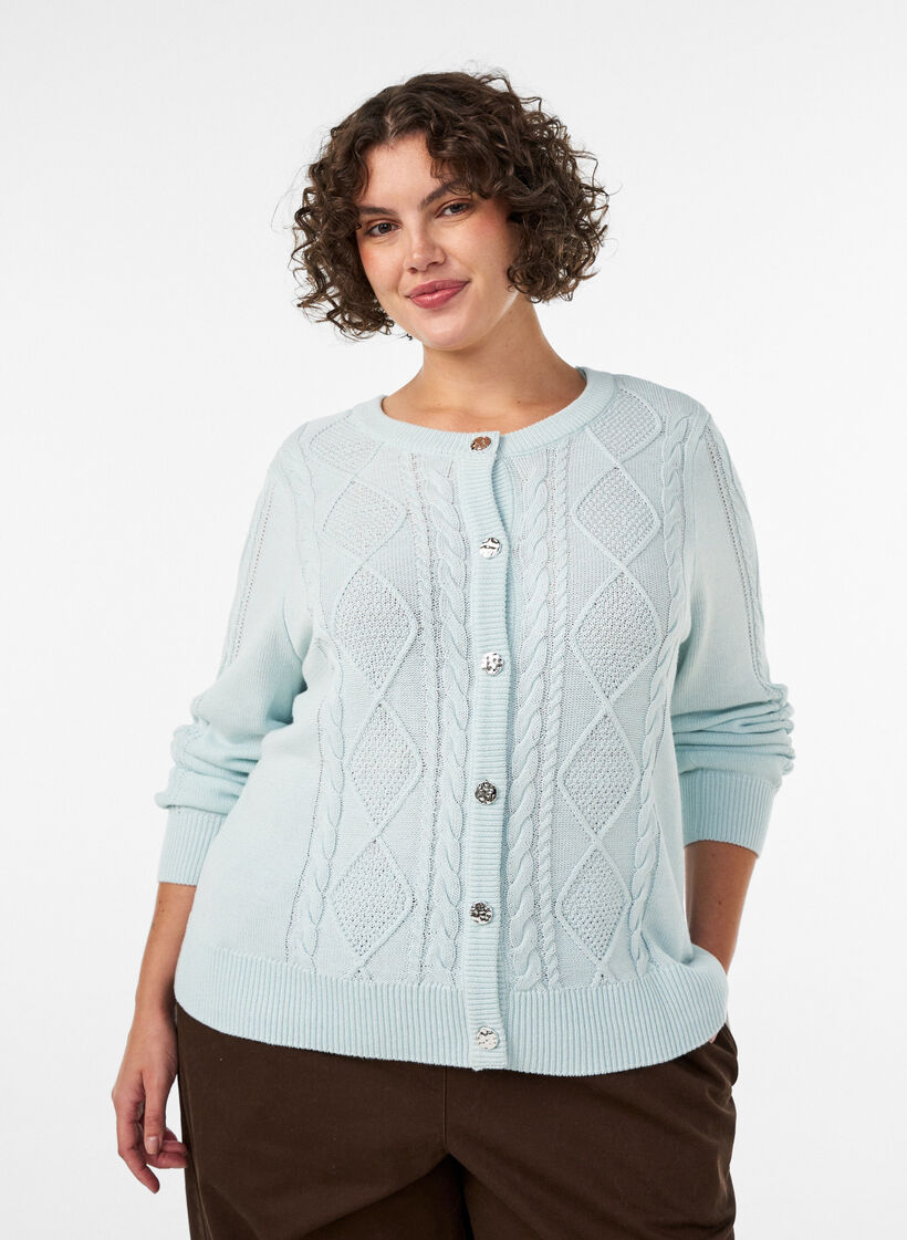 Strickjacke mit Zopfmuster und dekorativen Kn&ouml;pfen, Blau, Model image number 0