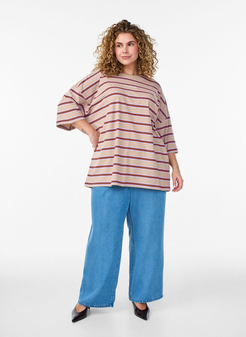 Oversize-T-Shirt mit Streifen und 1/2-&Auml;rmeln, Beige, Model image number 1