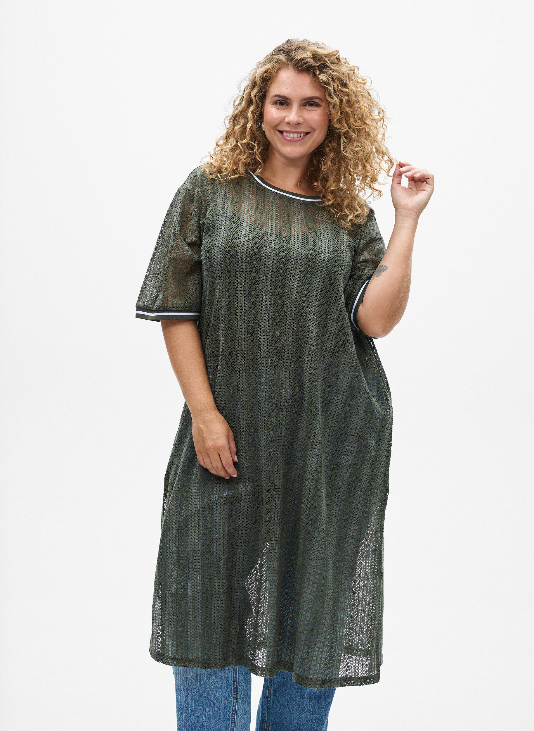 Zizzi Midikleid aus Spitze mit kurzen &Auml;rmeln, Gr&uuml;n, Model image number 2