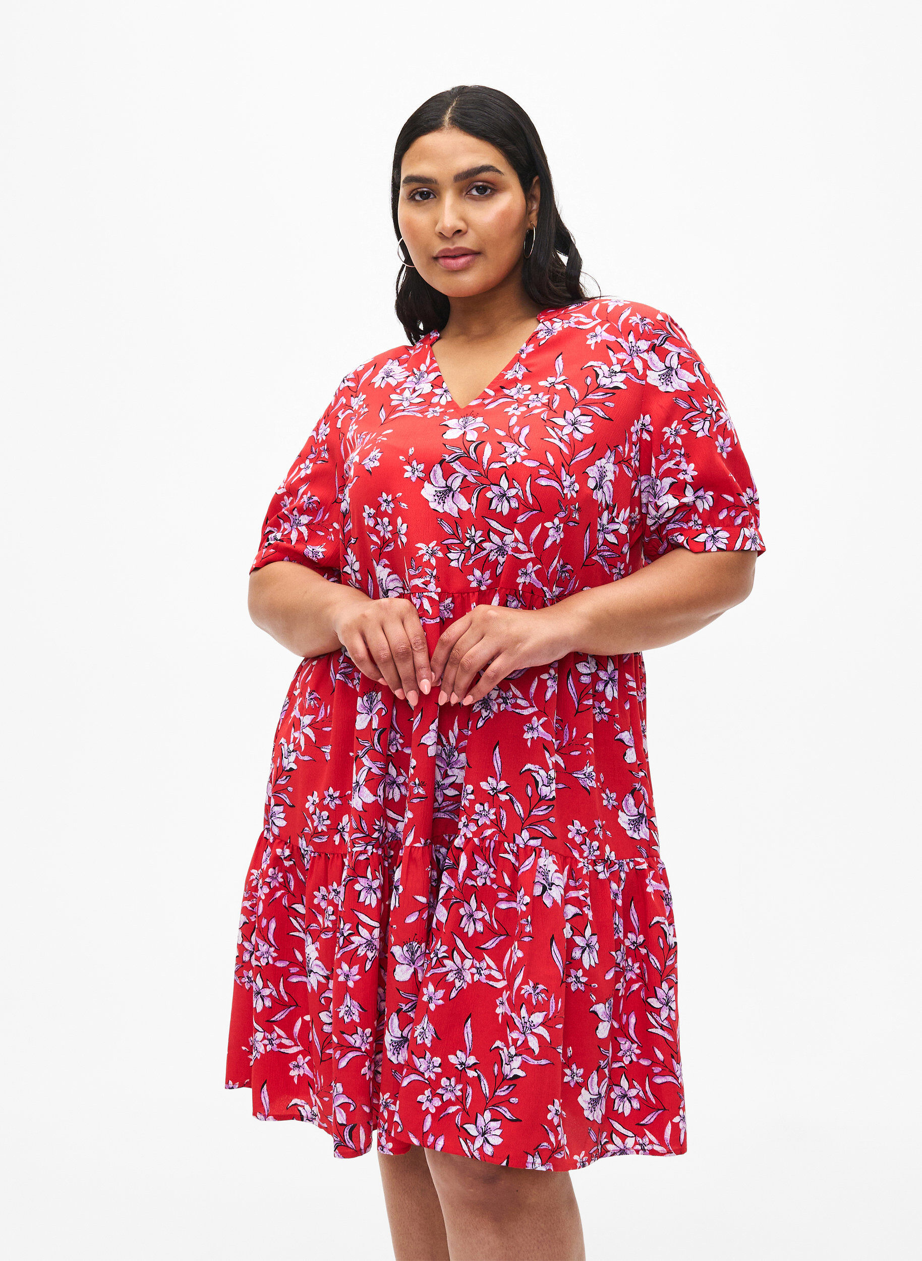 Zizzi FLASH &ndash; A-Linien-Kleid mit Print, Poinsettia Flower, Model image number 0
