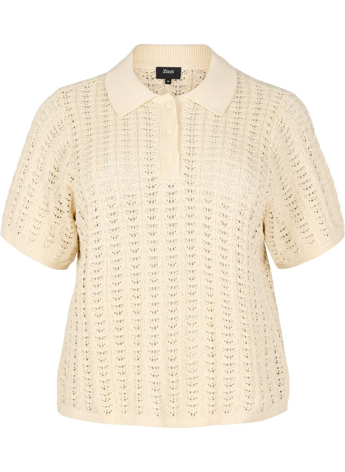 Gestricktes Poloshirt mit Lochmuster, Beige, Packshot image number 0