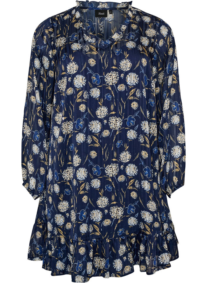 Gemustertes Kleid mit R&uuml;schen und langen &Auml;rmeln, Blau, Packshot image number 0