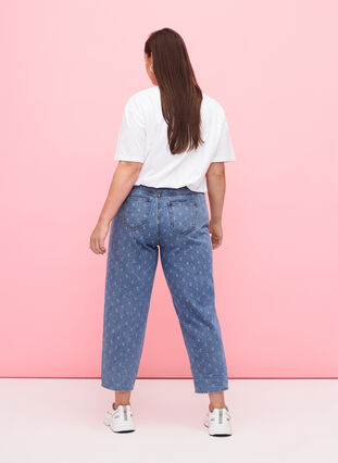 Cropped Jeans mit Aufdruck und hoher Taille, Blue denim, Model image number 1