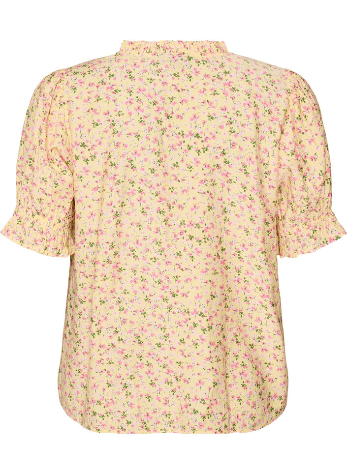 Gebl&uuml;mte Bluse aus Viskose mit kurzen &Auml;rmeln und R&uuml;schenkragen, Gelb, Packshot image number 1