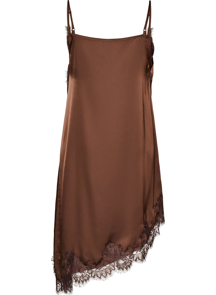 Kleid aus Satin mit Spitze und asymmetrischem Saum, Braun, Packshot image number 1
