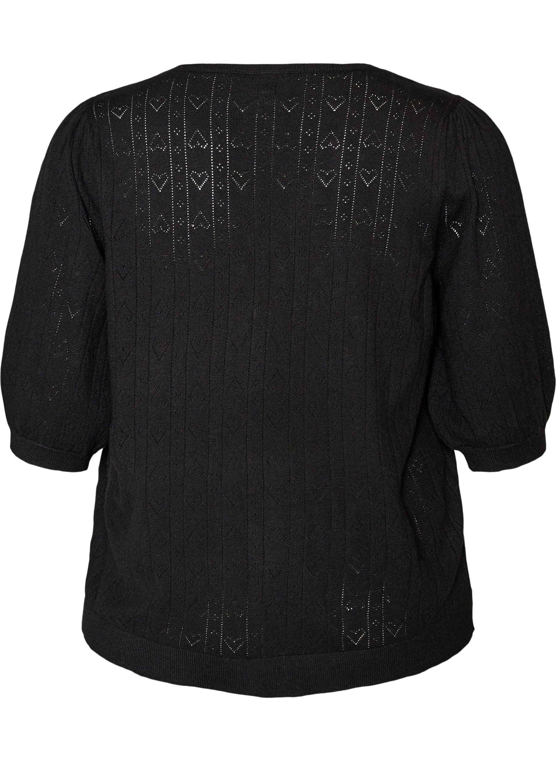 ZizziKurz&auml;rmelige Bluse aus Strick mit Pointelle-Muster, Schwarz, Packshot image number 1