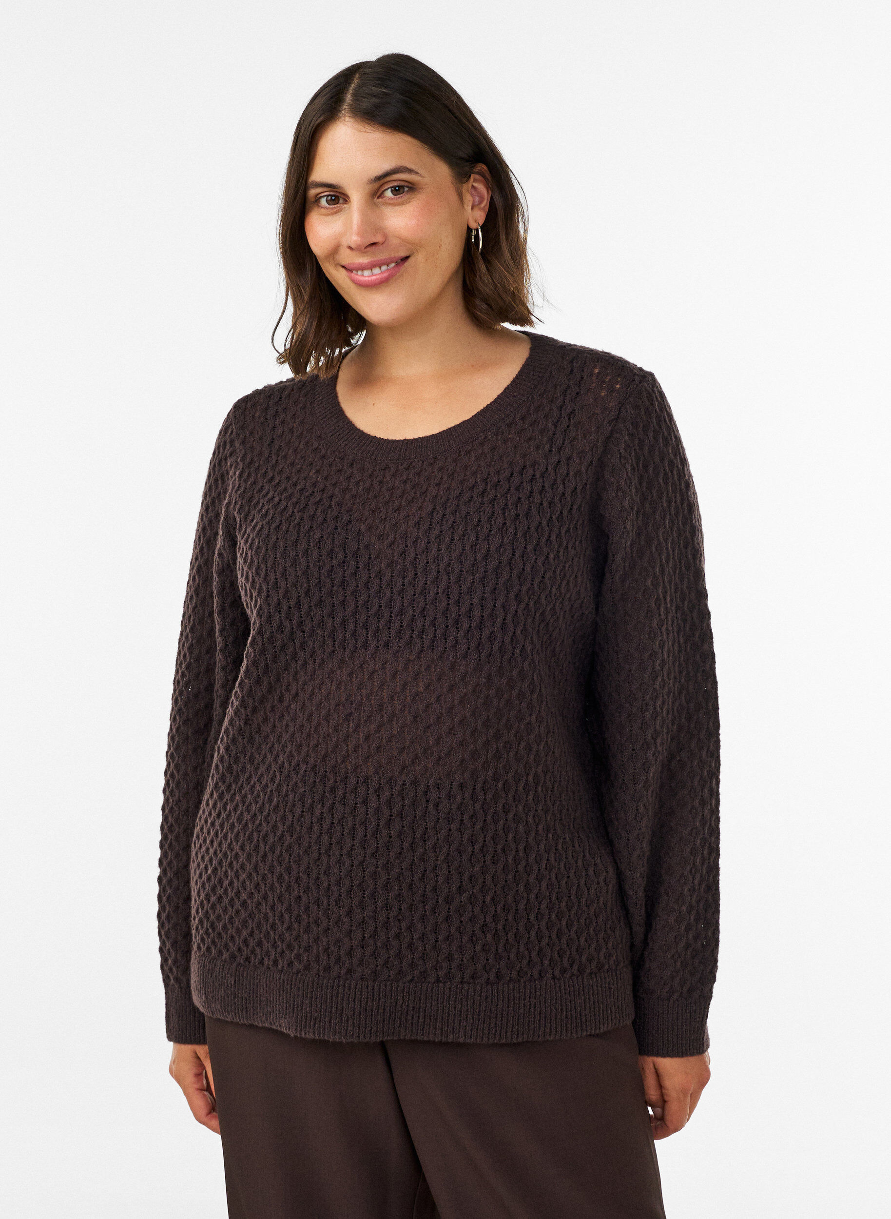 ZizziStrickbluse mit strukturiertem Lochmuster, Braun, Model image number 0