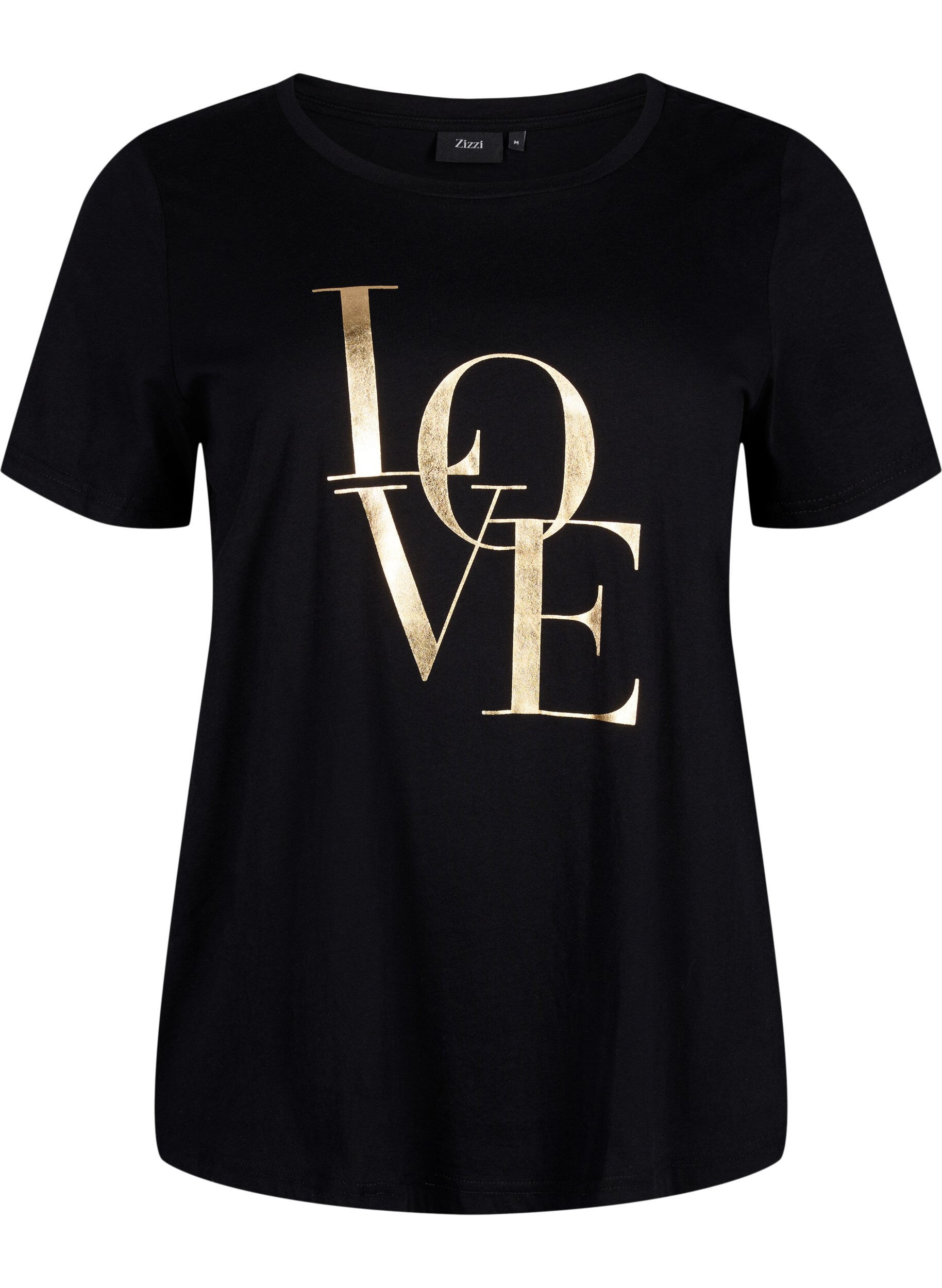 Zizzi T-Shirt aus Baumwolle mit goldener Aufschrift, Black w. Gold Love, Packshot image number 0
