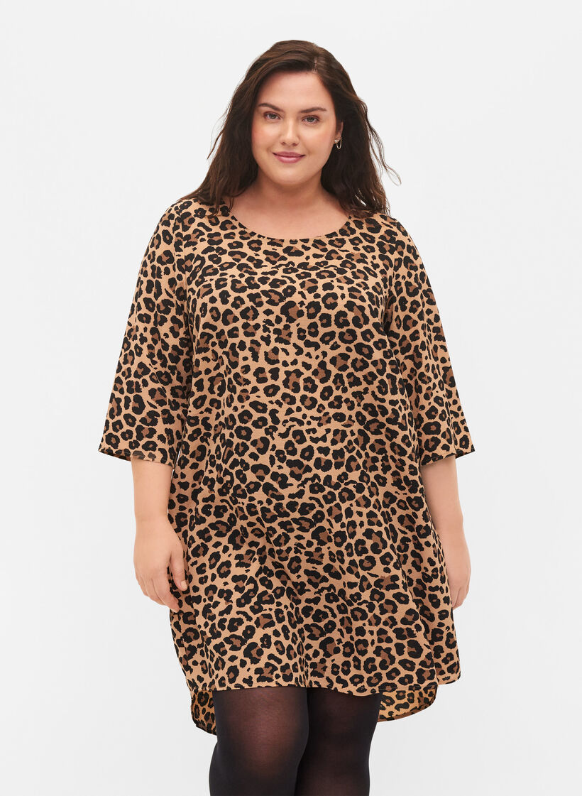Kleid mit Print und 3/4 Armen, Leopard, Model image number 0