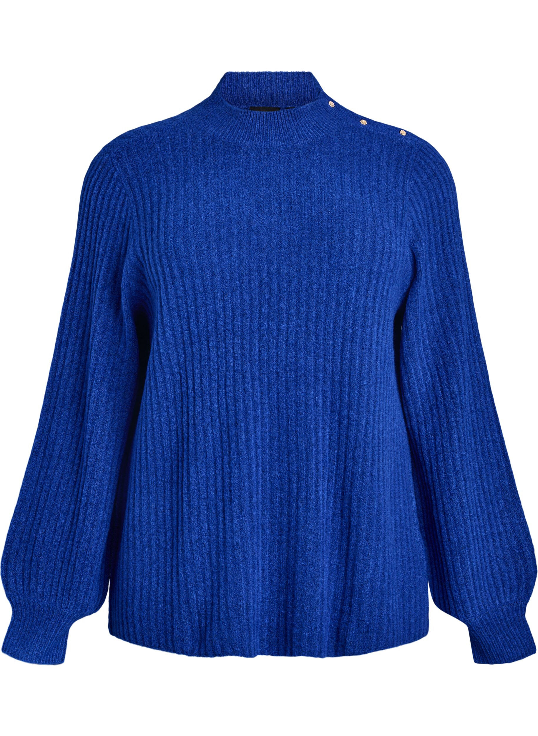 Pullover aus Rippstrick mit Puff&auml;rmeln und Kn&ouml;pfen