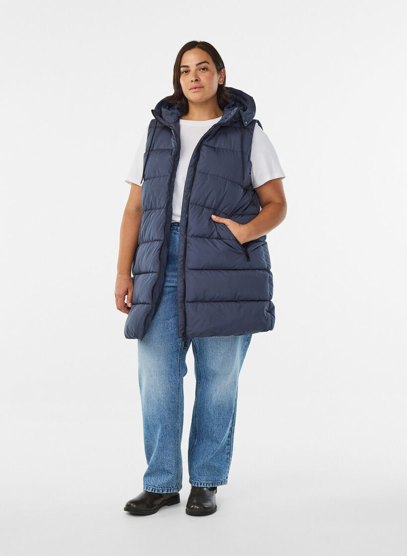 Langer Weste mit Kapuze und Taschen, Blau, Model image number 1