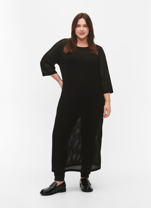 Kleid mit 3/4-Ärmeln und gestricktem Spitzenmuster, Black, Model image number 0
