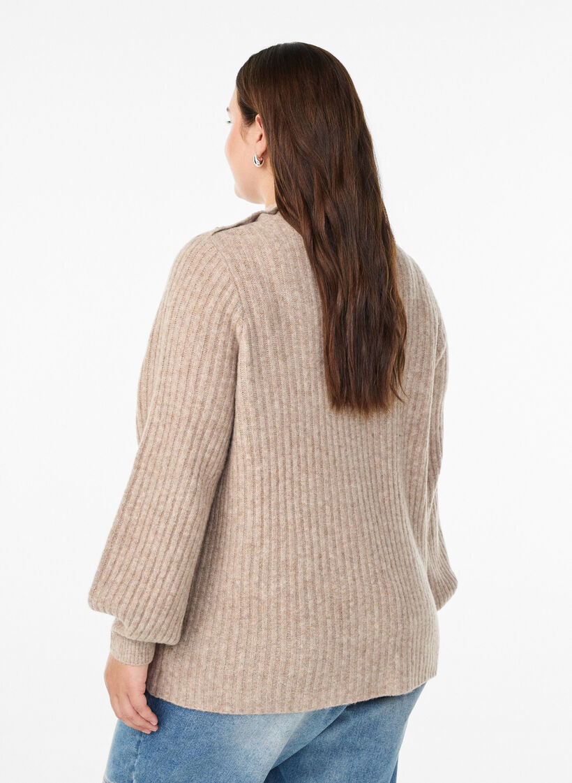 Pullover aus Rippstrick mit Puff&auml;rmeln und Kn&ouml;pfen, Beige, Model image number 2