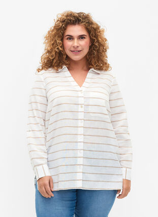 Hemdbluse mit Knopfverschluss aus Baumwoll-Leinen-Gemisch, White Taupe Stripe, Model image number 0