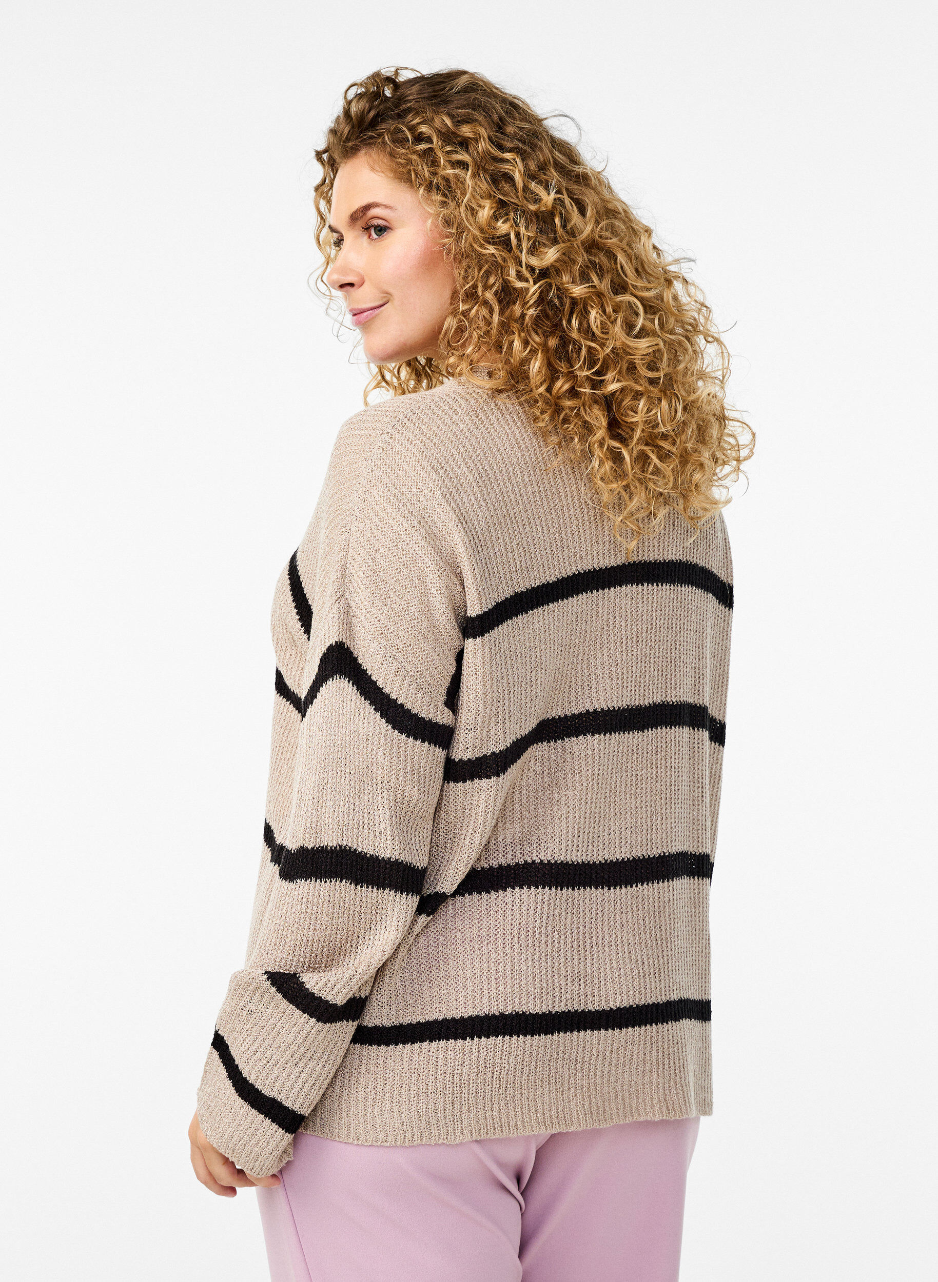 Zizzi FLASH - Gestreifter Strickcardigan mit Kn&ouml;pfen, Beige, Model image number 2