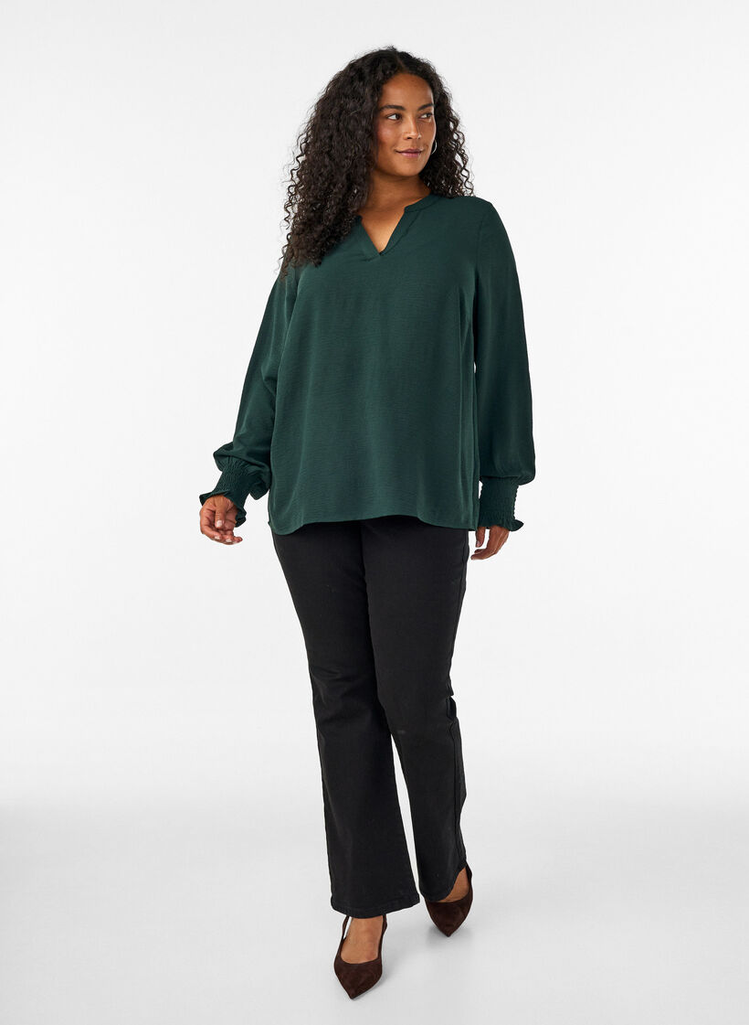 Bluse mit Smockb&uuml;ndchen und V-Ausschnitt, Gr&uuml;n, Model image number 1
