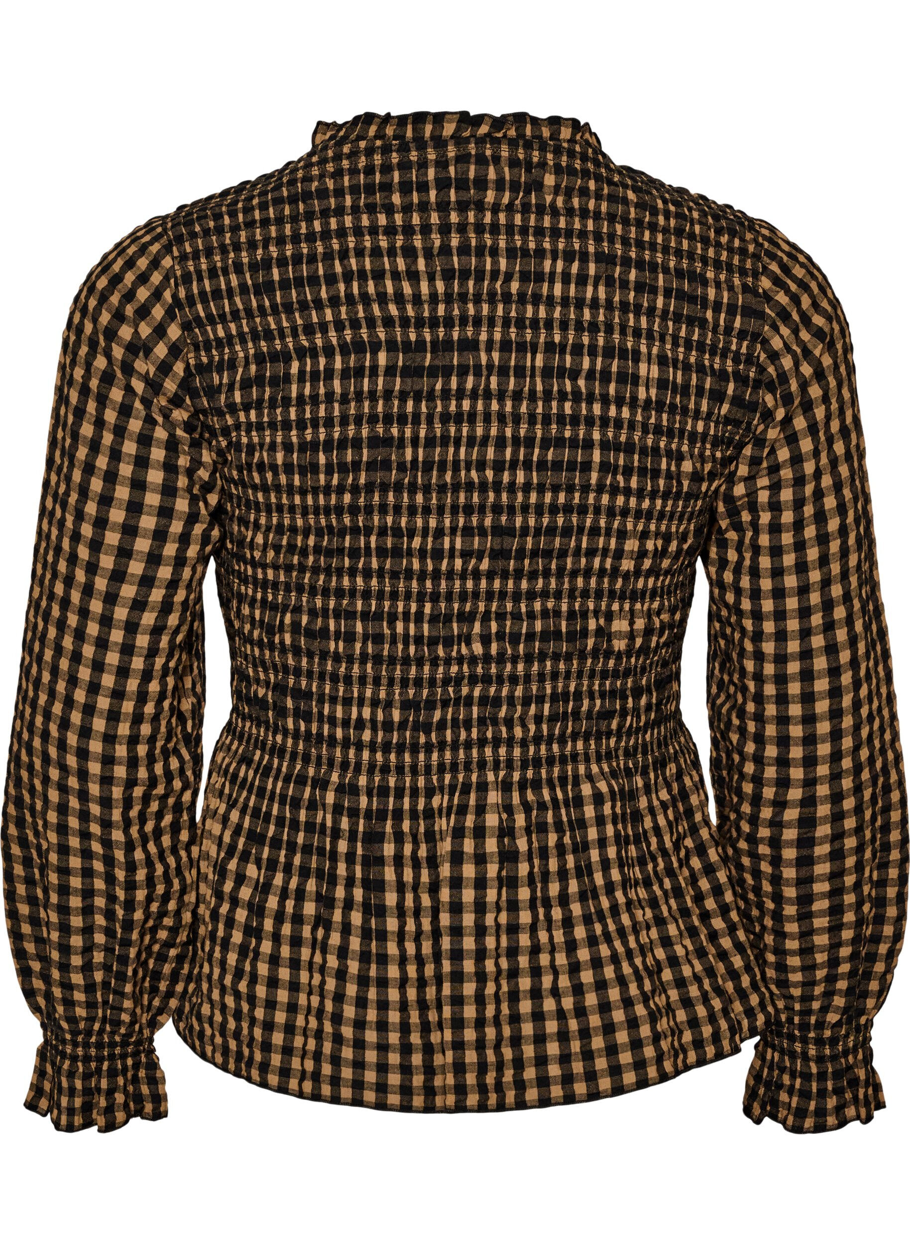 ZizziKarierte Bluse mit Smock und Sch&ouml;&szlig;chen, Braun, Packshot image number 1